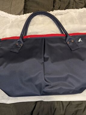 Navy Tote Bag with Red Polka Dot Trim - Agnes B. Voyage